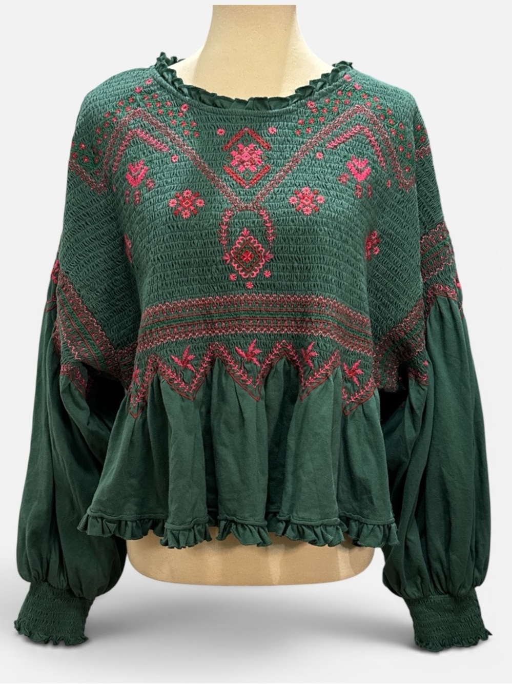 Free People Teal Embroidered Ruffle-Hem Pullover - Picture 2 of 5